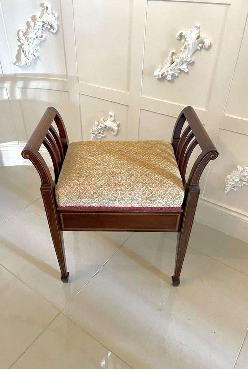 Antique Edwardian Freestanding Quality Mahogany Inlaid Piano Seat - Image 3